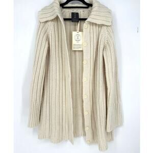 UO Cardi Urban Renewal Long Cardigan Sweater Cream Ribbed Knit Size S/M